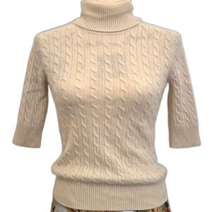 White + Warren 100% Cashmere Cable Knit Turtleneck Sweater S Ivory 3/4 sleeve